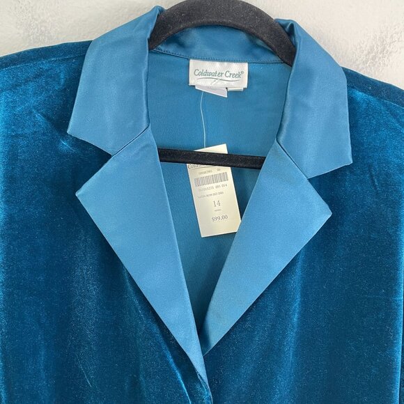 NEW Coldwater Creek Womens 14 Satin Bow Velvet Jacket Teal Blue Shoulder Pads - Picture 8 of 10